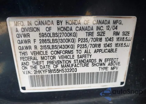 2005 Honda Pilot Lx из США, поврежденный, VIN 2HKYF18155H533203